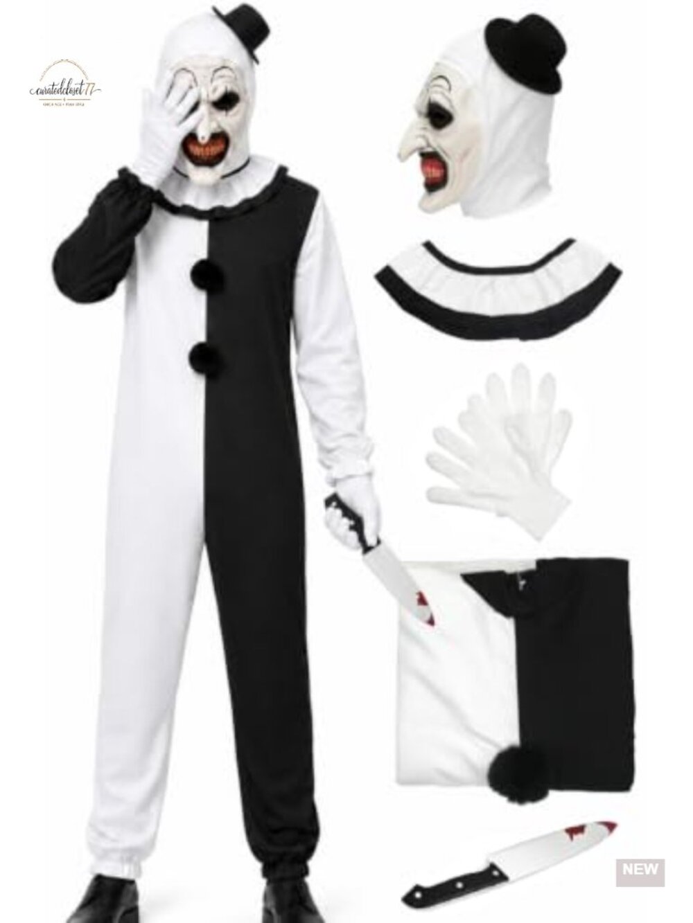Complete Clown Costume Set Jumpsuit Mask Gloves Halloween Cosplay